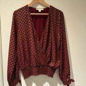 Michael Kors Blouse -burgundy & gold, long sleeved, elastic waist, V neck, Sz L